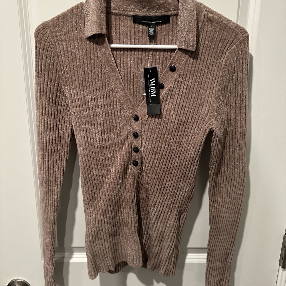 White House Black Market Ribbed Button-Up Sweater - Mocha